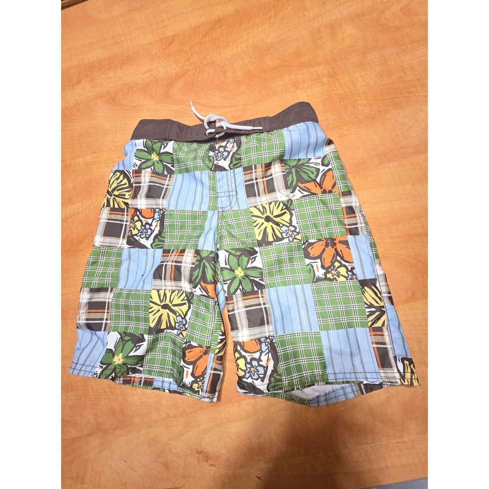 Gymboree Boys Patchwork Floral Plaid Swim Trunks Blue Green Brown Sz 8 240518115